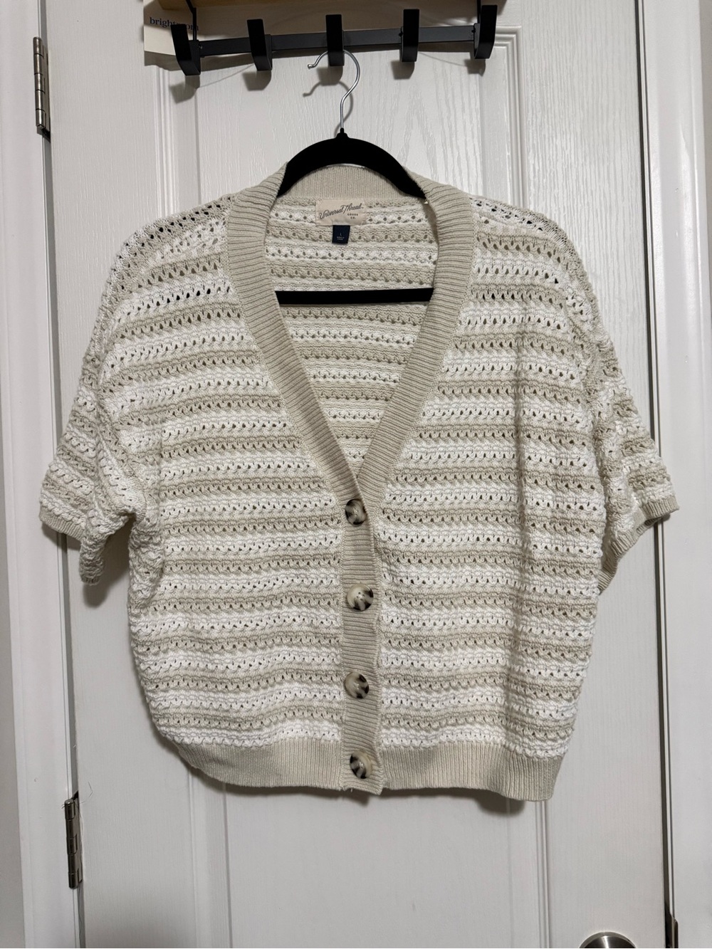 Universal Thread Cream and Beige Short-Sleeve Stripe Knit Cardigan - Picture 2 of 6